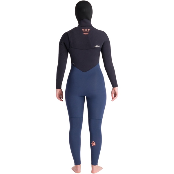 2025 C-Skins Dames NuWave ReWired 6/5mm Borst Ritssluiting Met Capuchon Wetsuit C-NRW65WH - Bluestone / Black X / Coral